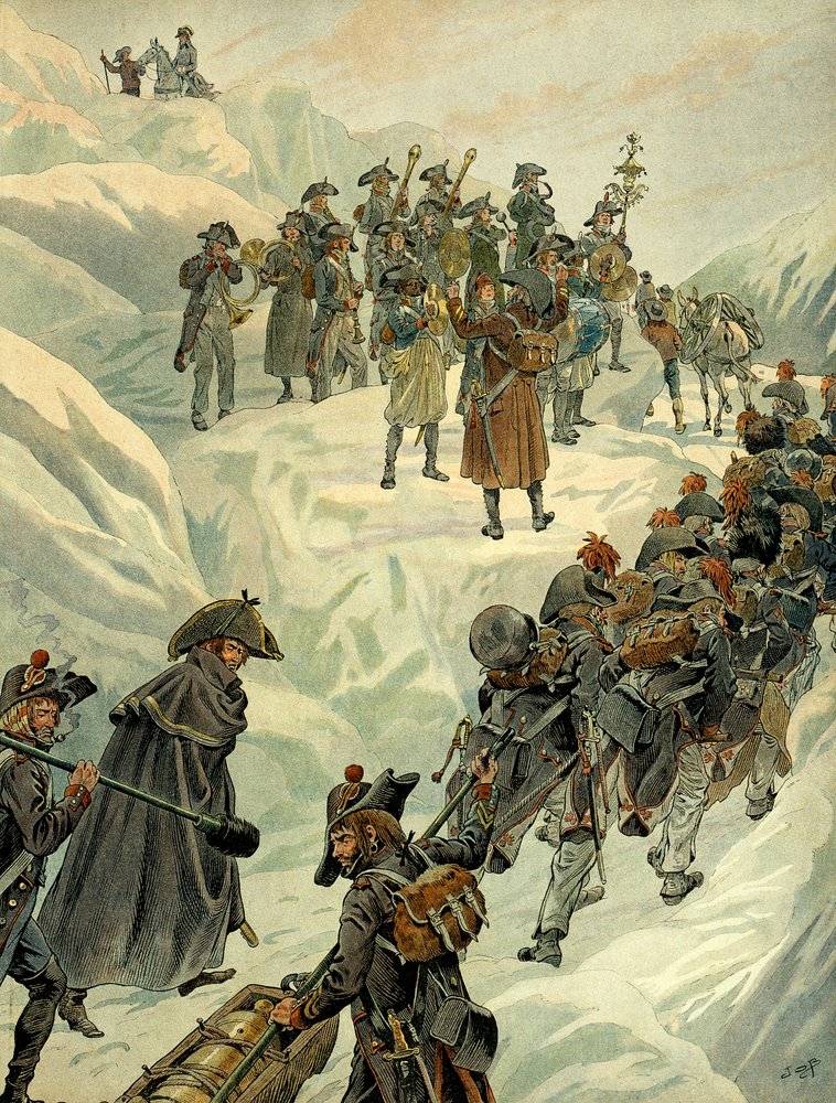 Italienfeldzug (1799-1800): Überquerung des Sankt-Bernhard-Passes in die Alpen durch die Armee von Napoleon I. Bonaparte (1769-1821) am 20. Mai 1800. Illustration von Jacques Marie Gaston Onfray de Breville, genannt JOB (1858-1931). Private Sammlung von pseudonym for Jacques Onfroy de Bréville Job