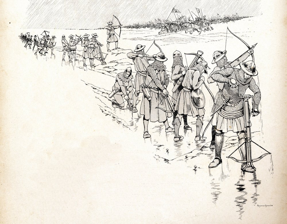 Der Regen setzt die Bogenschützen der Armee des französischen Königs Philipp VI. (1293-1350) außer Gefecht, indem er die Sehnen der Bögen während der Schlacht von Crécy im Jahr 1346 durchnässt. Illustration von Job (Jacques) von pseudonym for Jacques Onfroy de Bréville Job