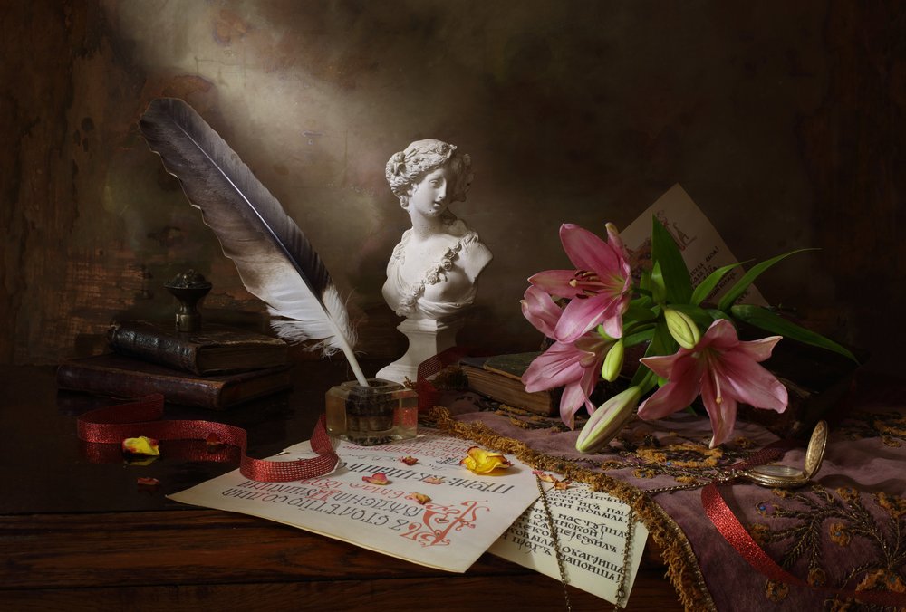 Feder und Rosa Lilien von Andrey Morozov