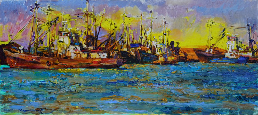 Sonnenuntergang Fischerboote von Andrii Kutsachenko
