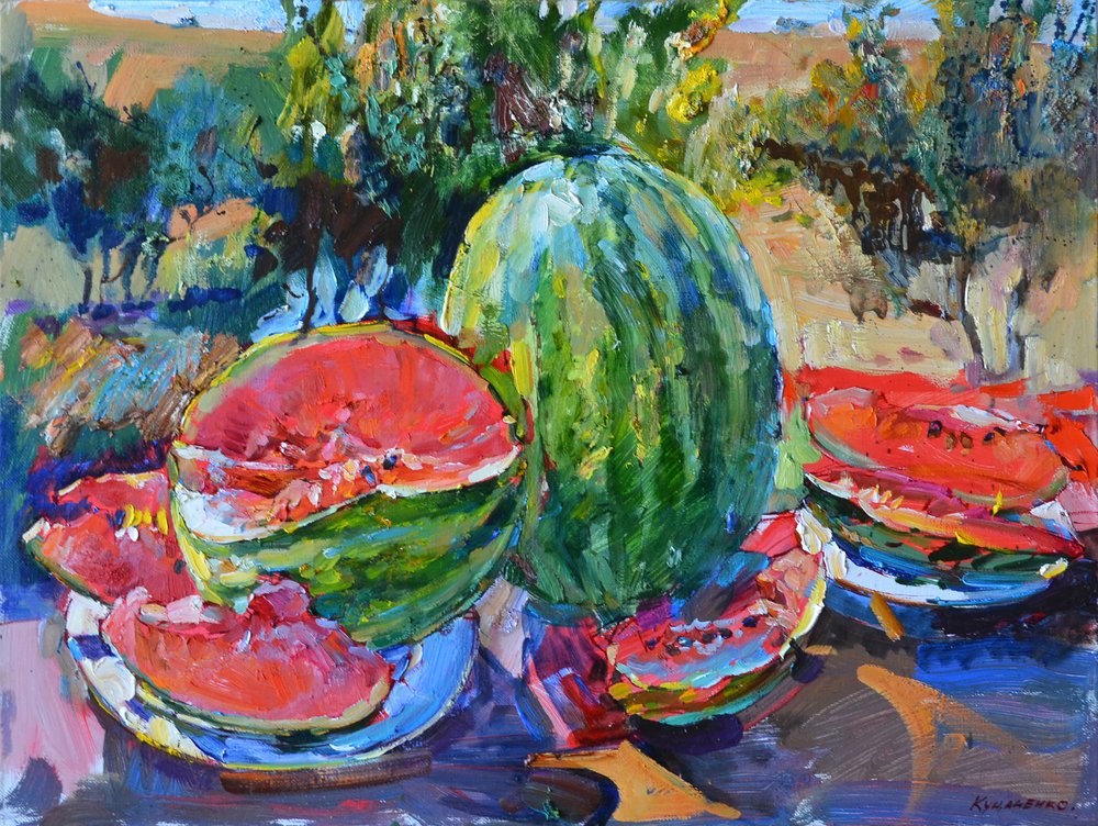 Lebhaftes Wassermelonen-Stillleben von Andrii Kutsachenko