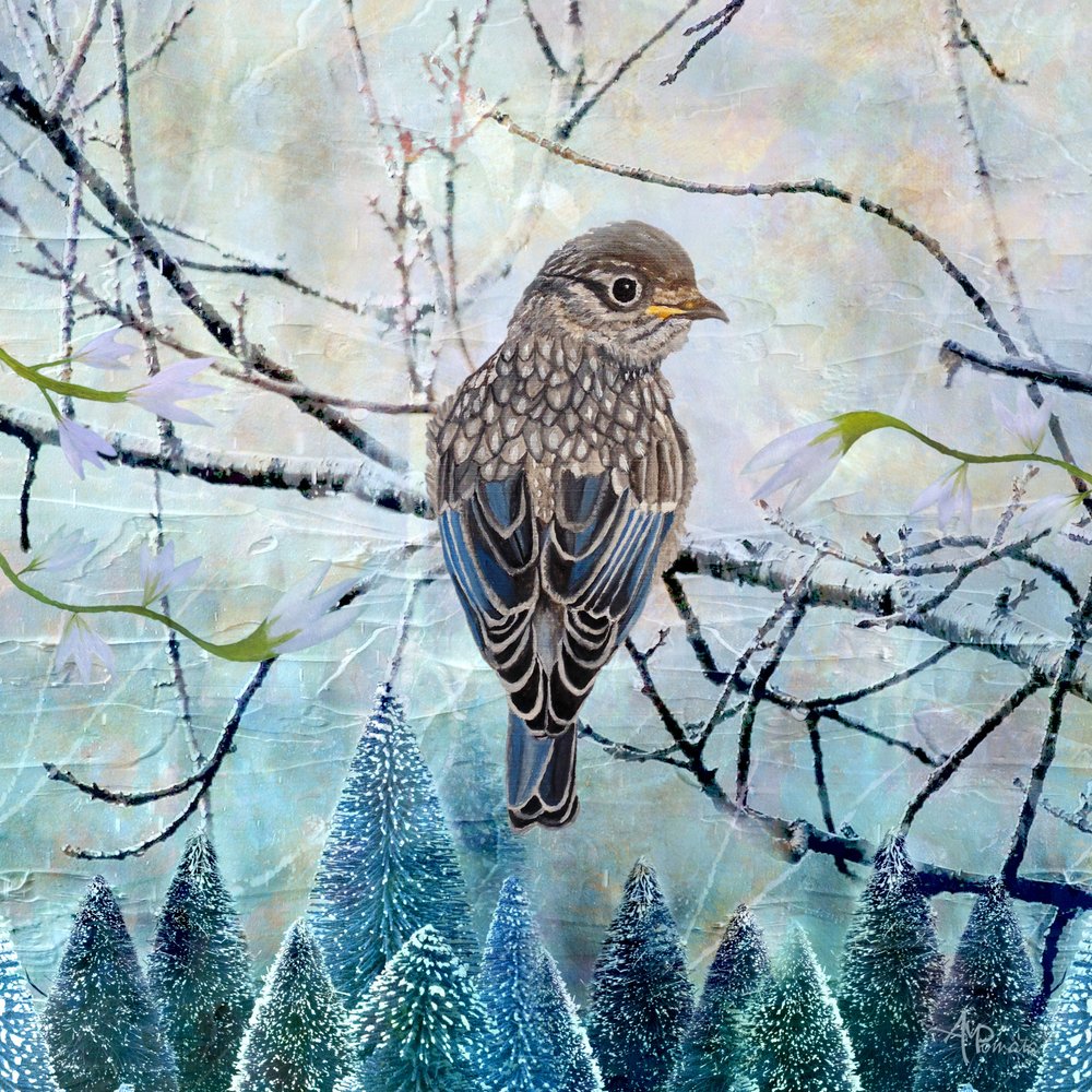 Blauer Vogel in Winterlandschaft von Angeles M. Pomata