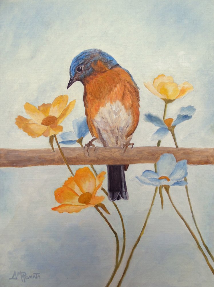 Frühlingsblaukehlchen und Blumen von Angeles M. Pomata