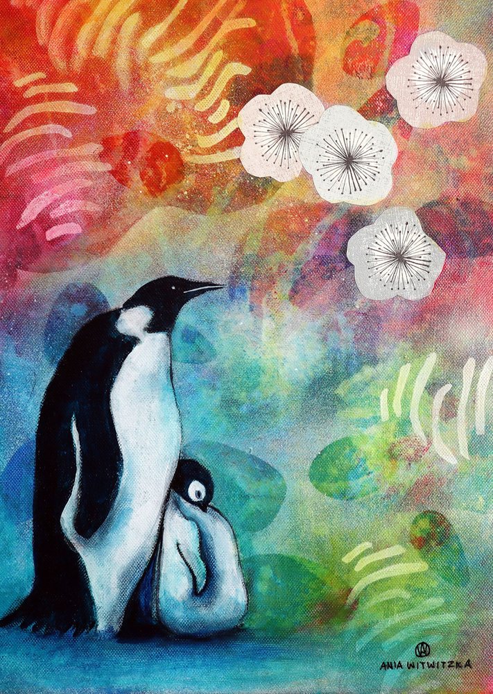 Pinguinfamilie in Blüte von Ania Witwitzka