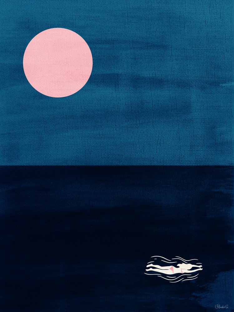 Mitternachtsschwimmen rosa Mond abstrakte Ozeankunst von Claudia Spano'