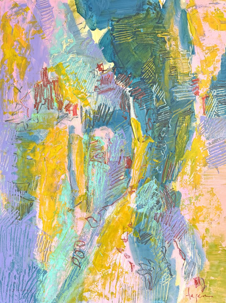Lebhaftes gelb-blaues Abstrakt von Dorothy Fagan