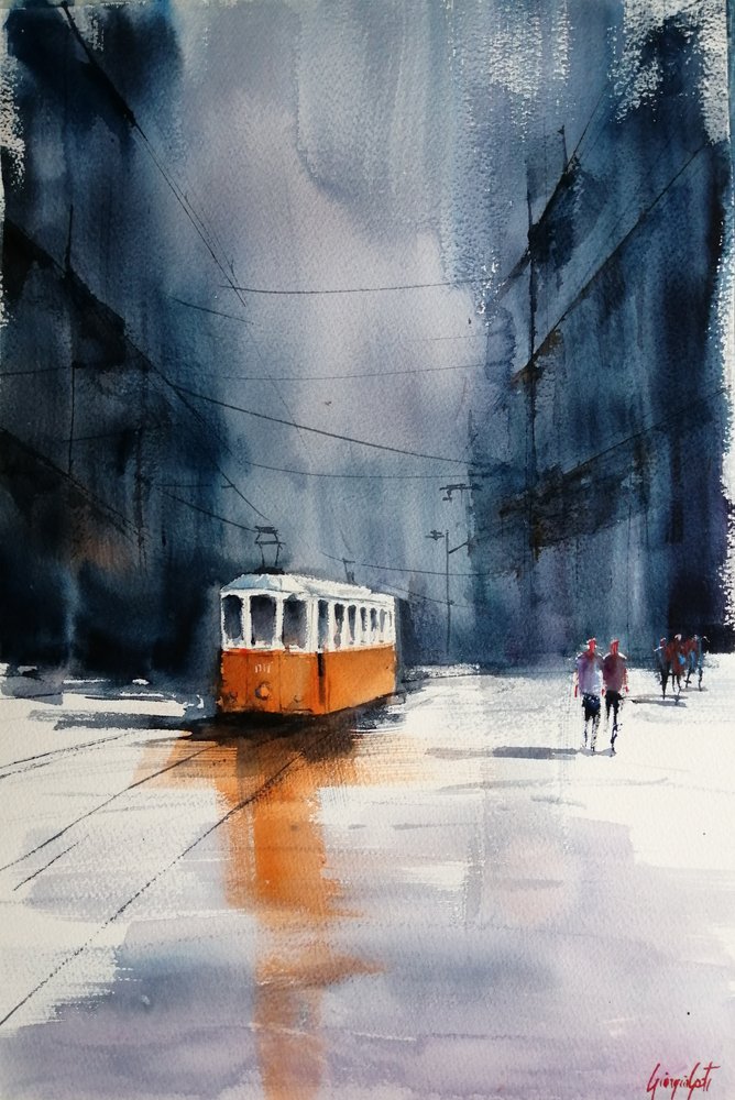 Orangene Straßenbahn im Regen von Giorgio Gosti