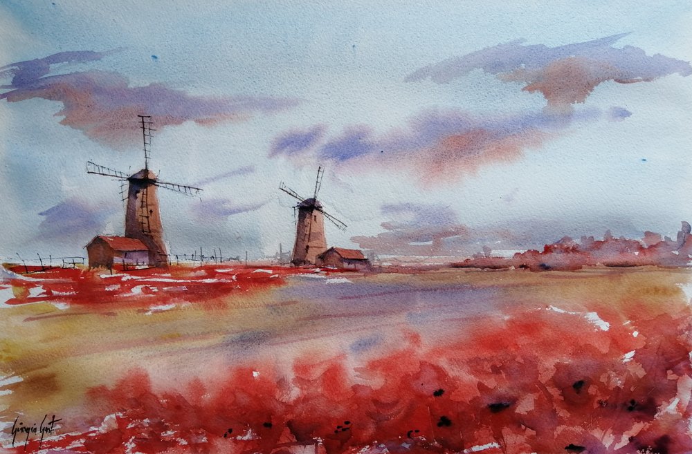 Rote Mohnblumen Windmühlen von Giorgio Gosti