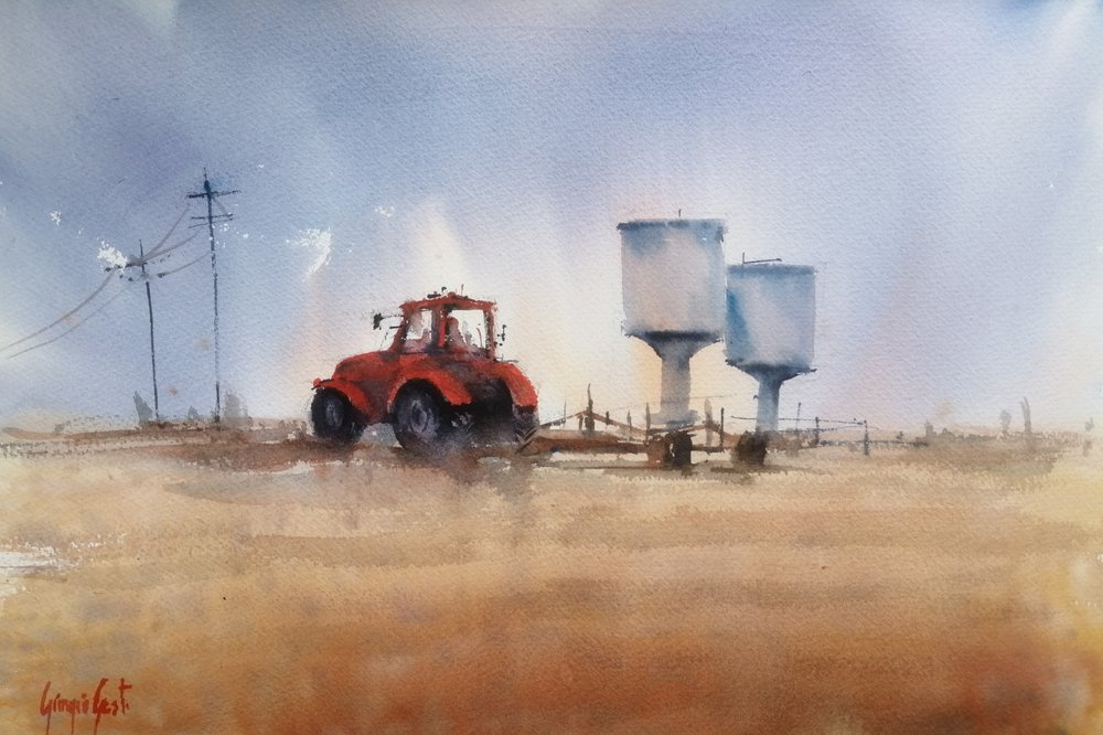 Roter Traktor und Türme von Giorgio Gosti