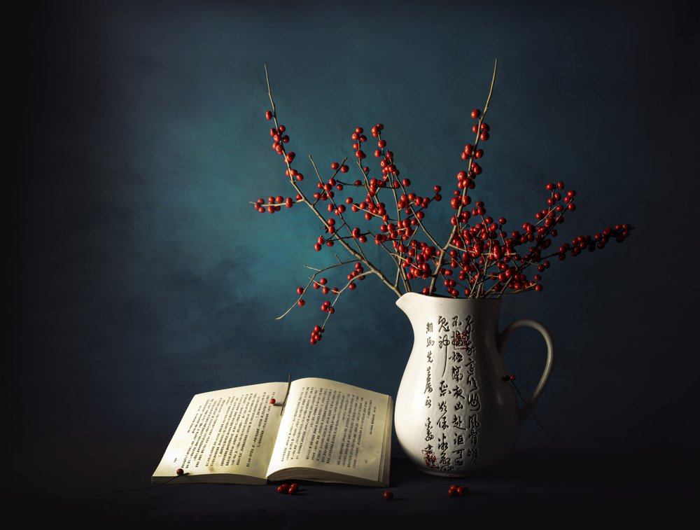 Winterbeeren und Buch von John-Mei Zhong