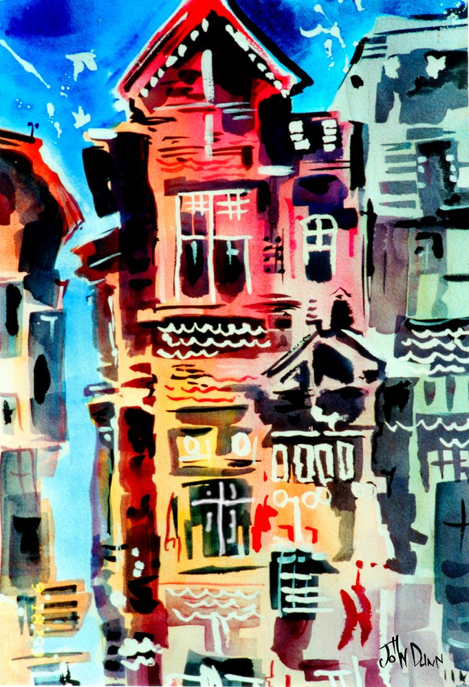 Bunte Stadtlandschaft Aquarell von John Dunn