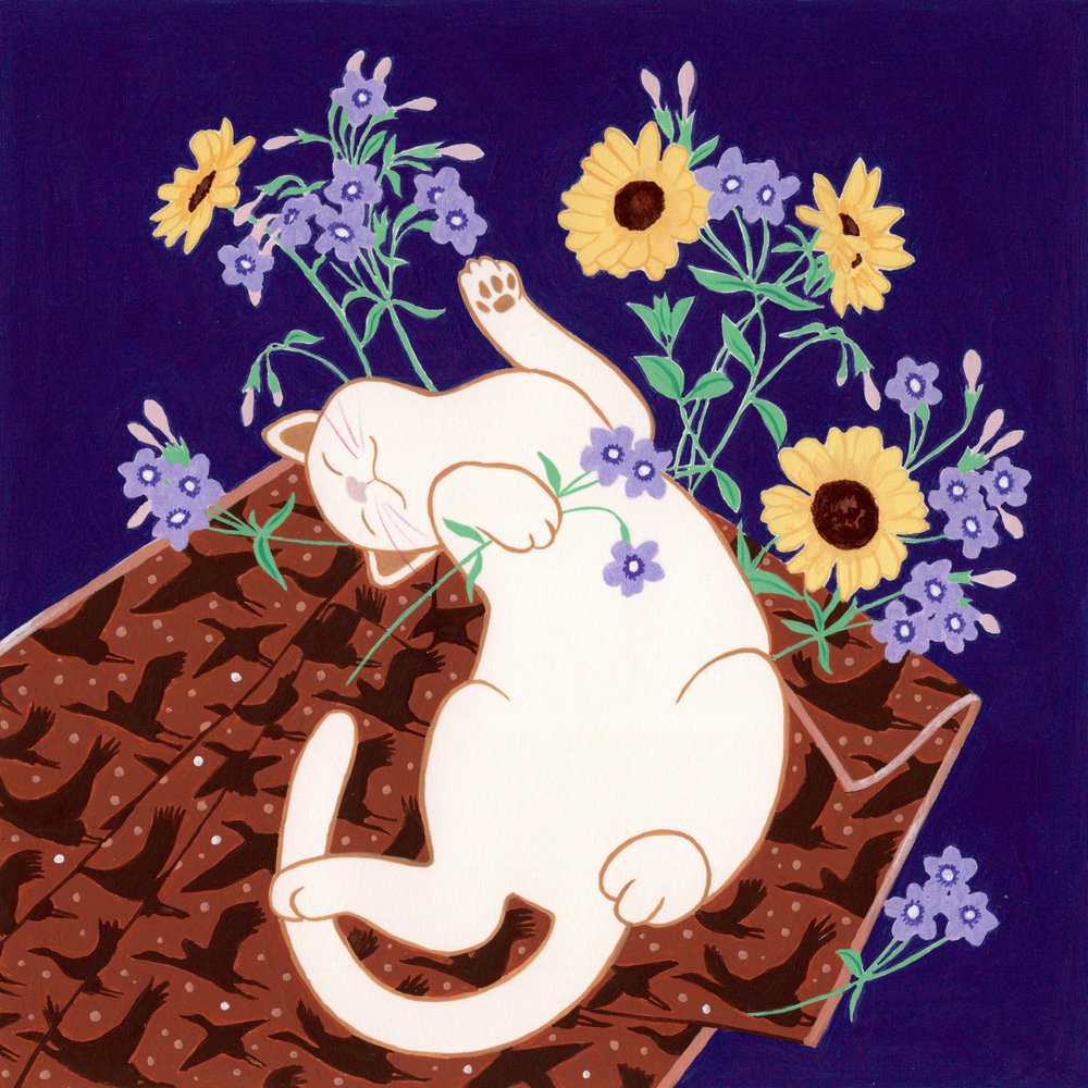 Verspielte Katze und Sonnenblumen von Julie Lesouef