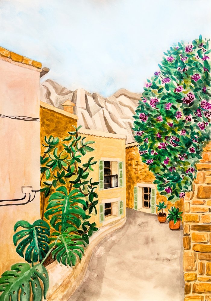 Sonnige europäische Dorfstraße von Karen Menzenbach