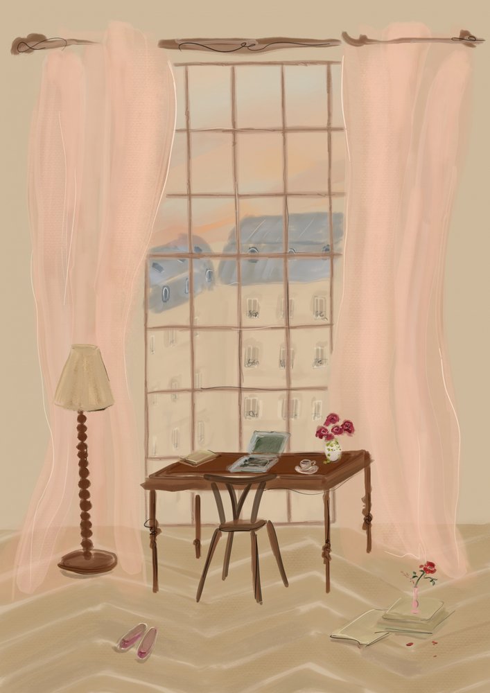 Paris Fensterblick Illustration mit rustikalem Schreibtisch von Katharina Puritscher