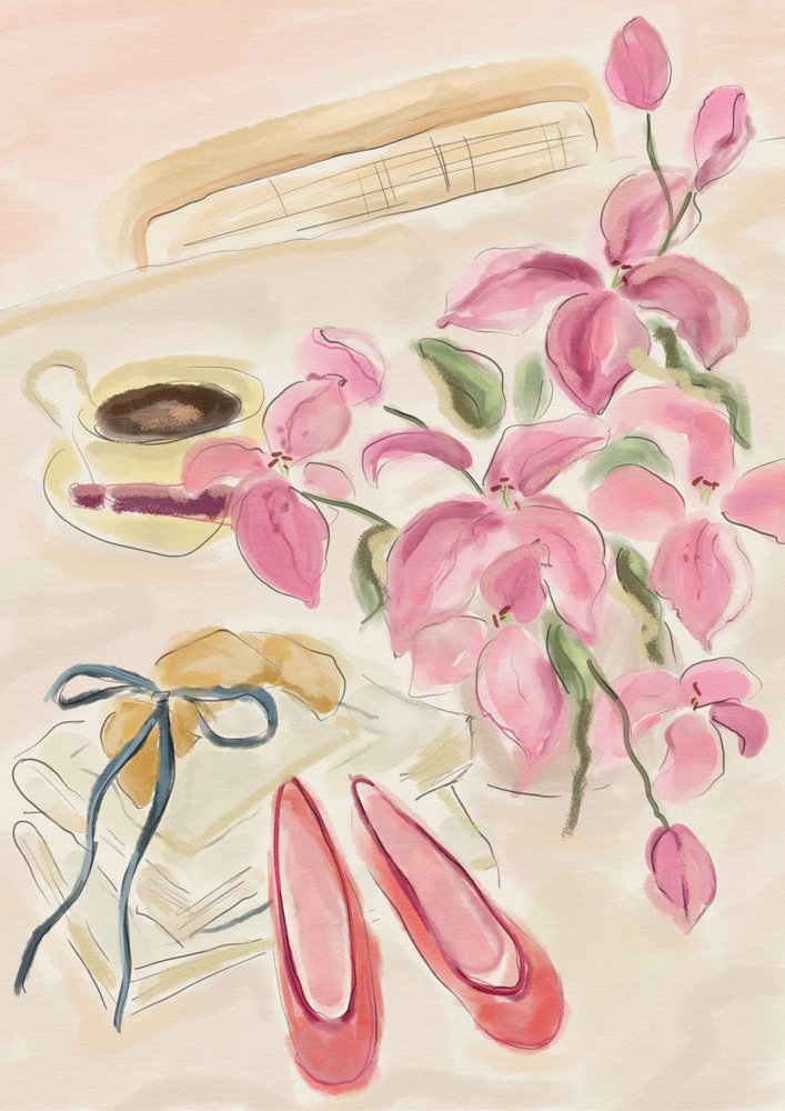Stillleben Aquarellillustration mit Ballerinas von Katharina Puritscher