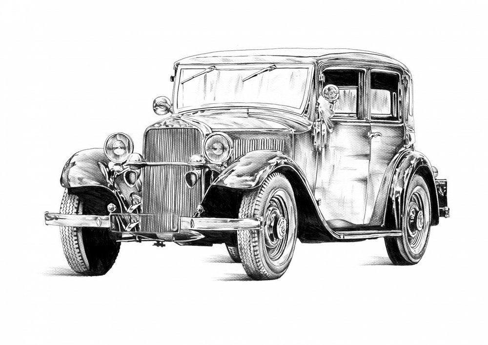 Klassisches Auto Skizze von Kulik: hochwertiger Kunstdruck
