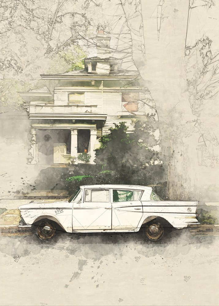 Vintage Auto Altes Haus Skizze von Lembayung senja studio [Vintage Poster]