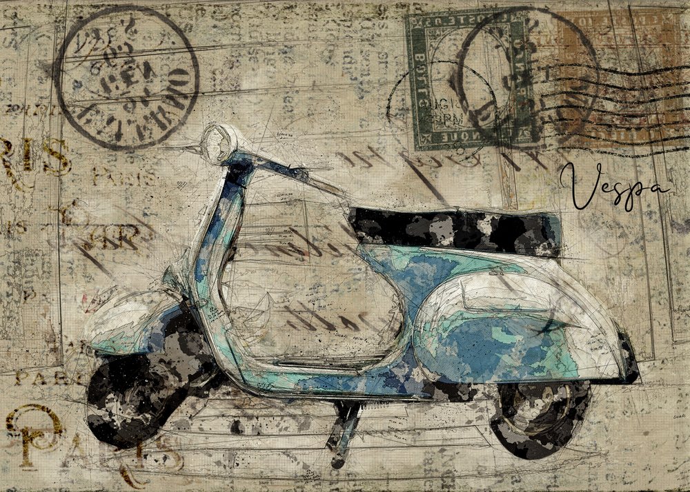 Vintage-Vespa-Postkarte von Lembayung senja studio [Vintage Poster]