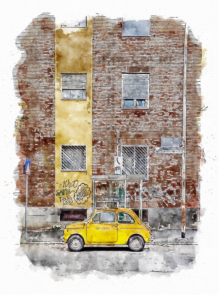 Gelbes klassisches Straßenauto von Lembayung senja studio [Vintage Poster]