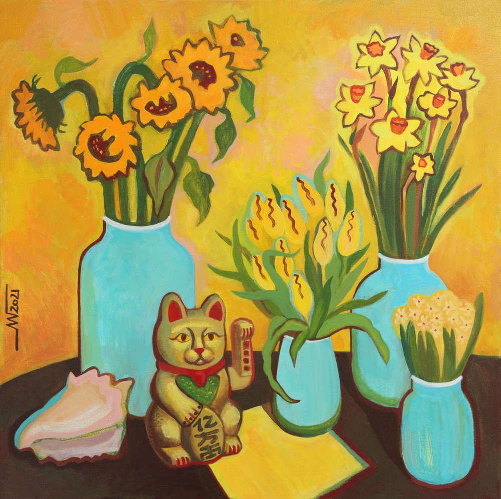 Glückliche Blumen Glückskatze von Marina Gorkaeva