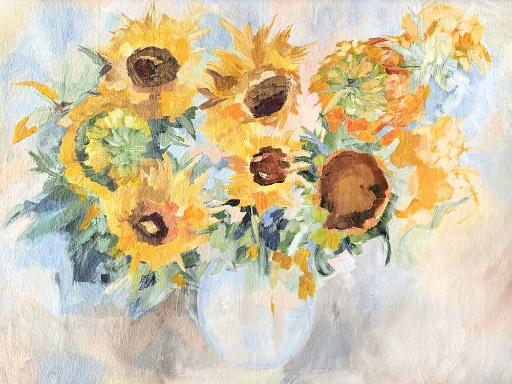 Lebendiges Sonnenblumen-Stillleben von Maryna Kovalchuk