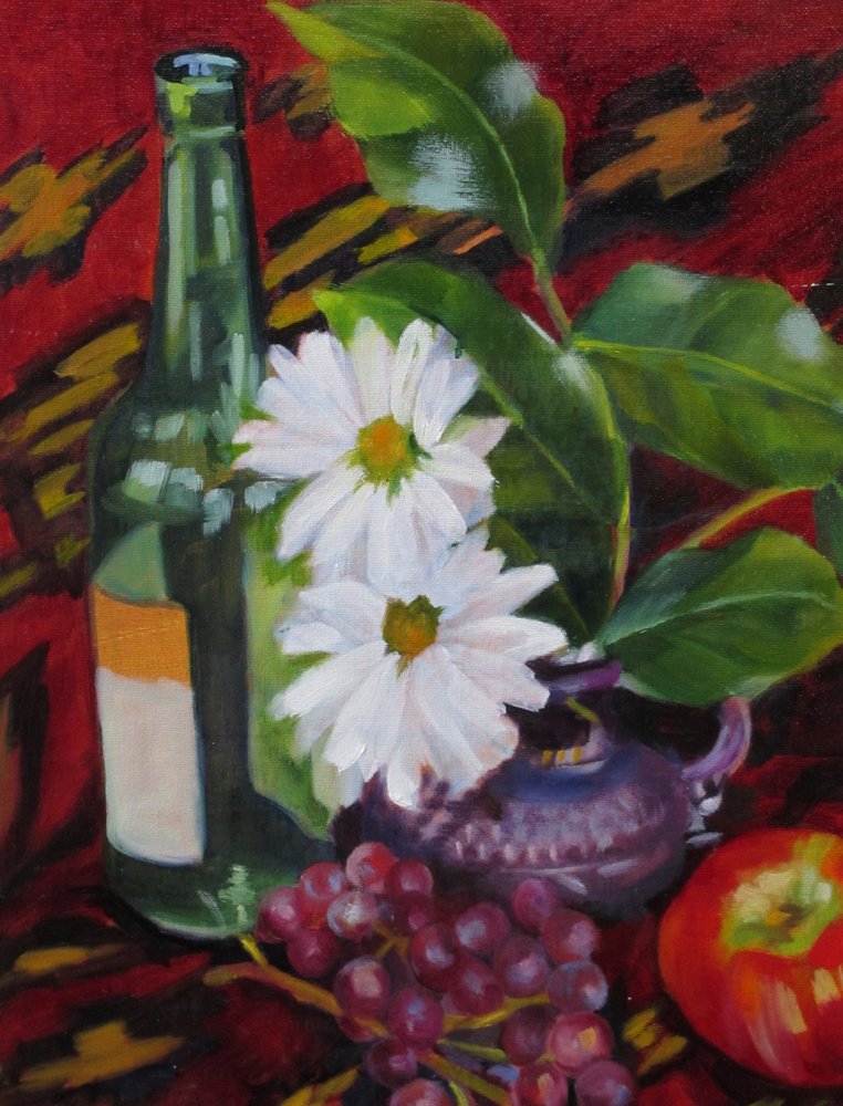 Flasche, Obst und Gänseblümchen von Maxine Shore