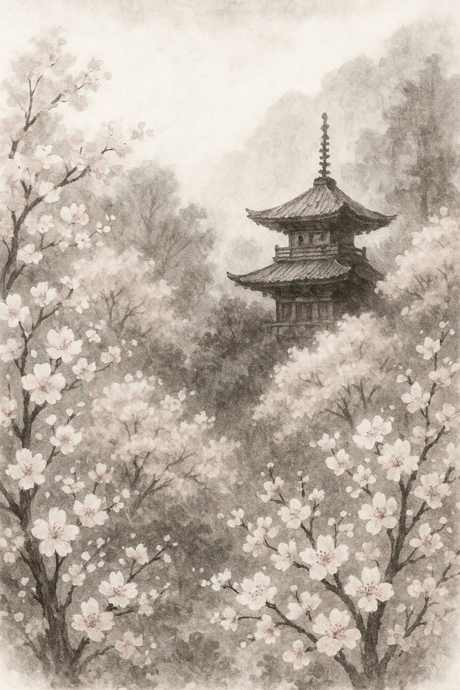 Japanische Pagode Kirschblüten von Natalie Bruns
