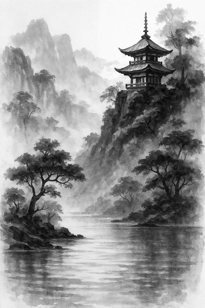 Nebliger Bergpagode von Natalie Bruns