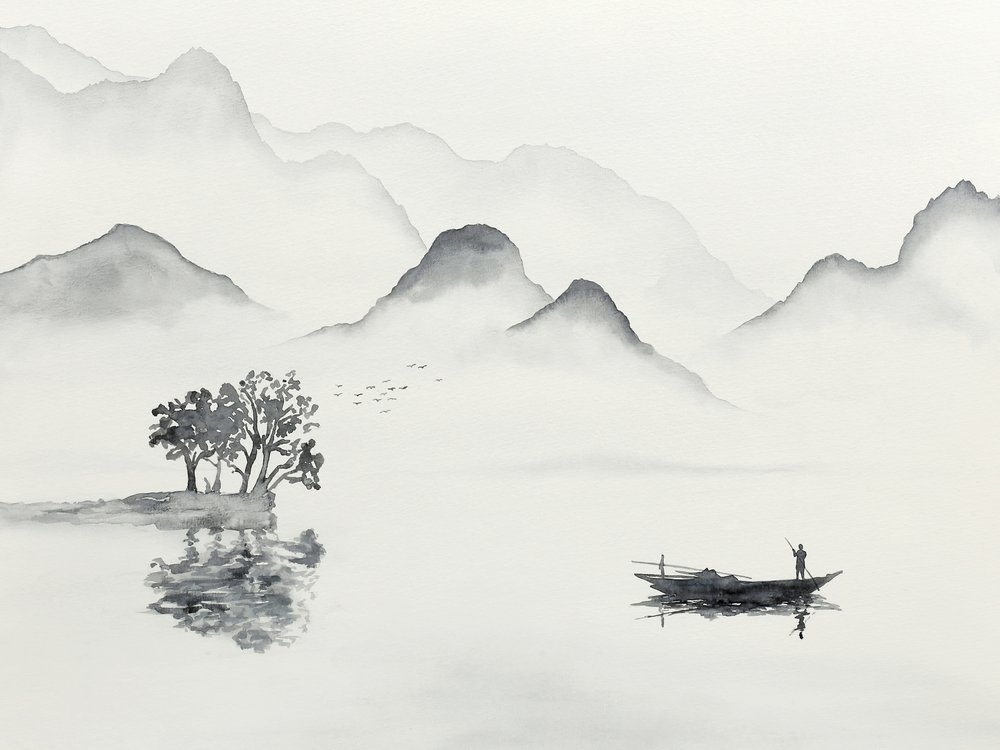 Gelassener Bergsee mit Boot von Natalie Bruns