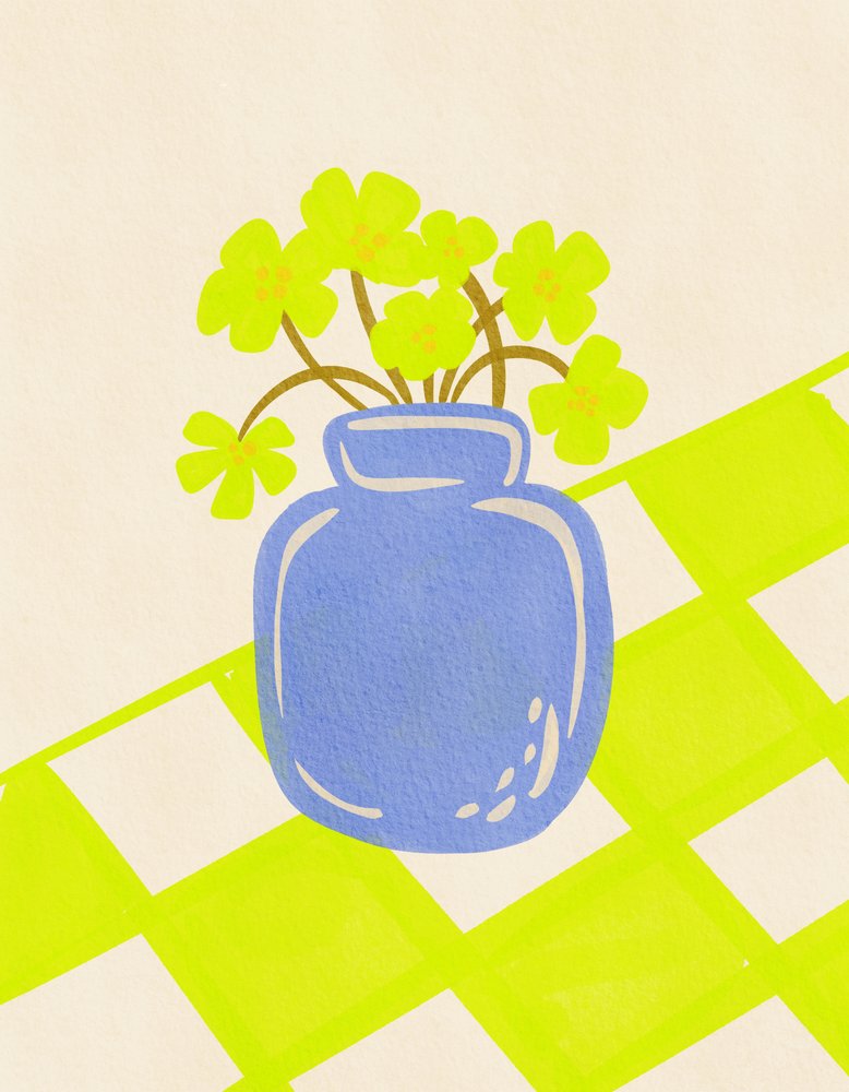 Blaue Vase frische Blumen von Nikita Jariwala