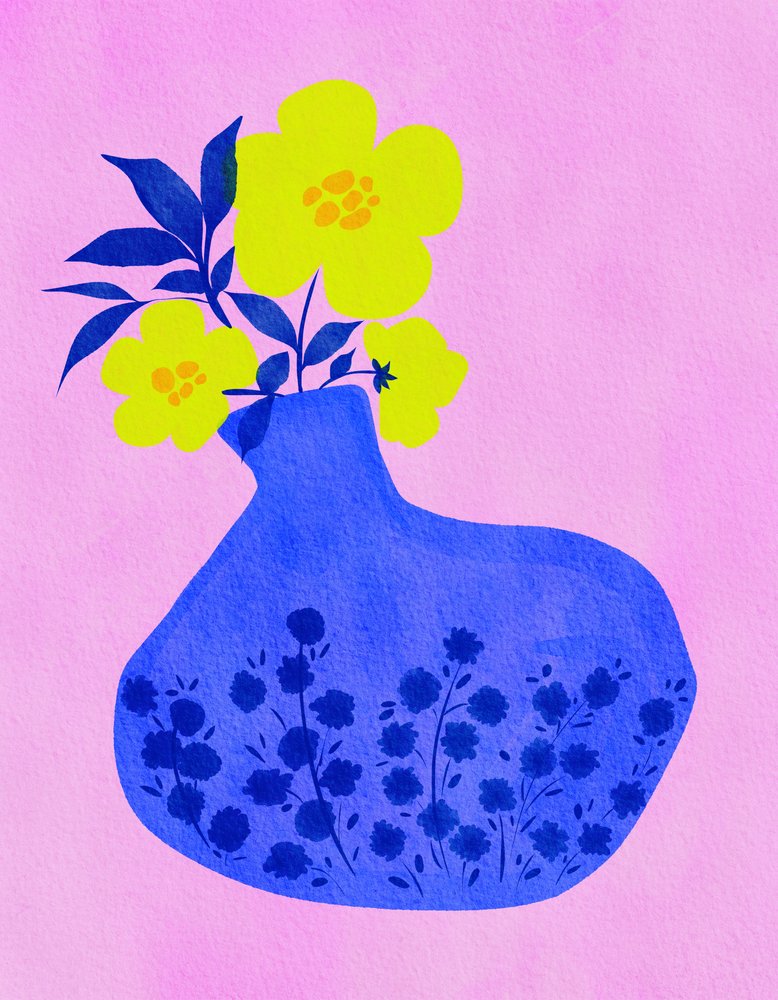 Lebendige Blüten blaue Vase von Nikita Jariwala