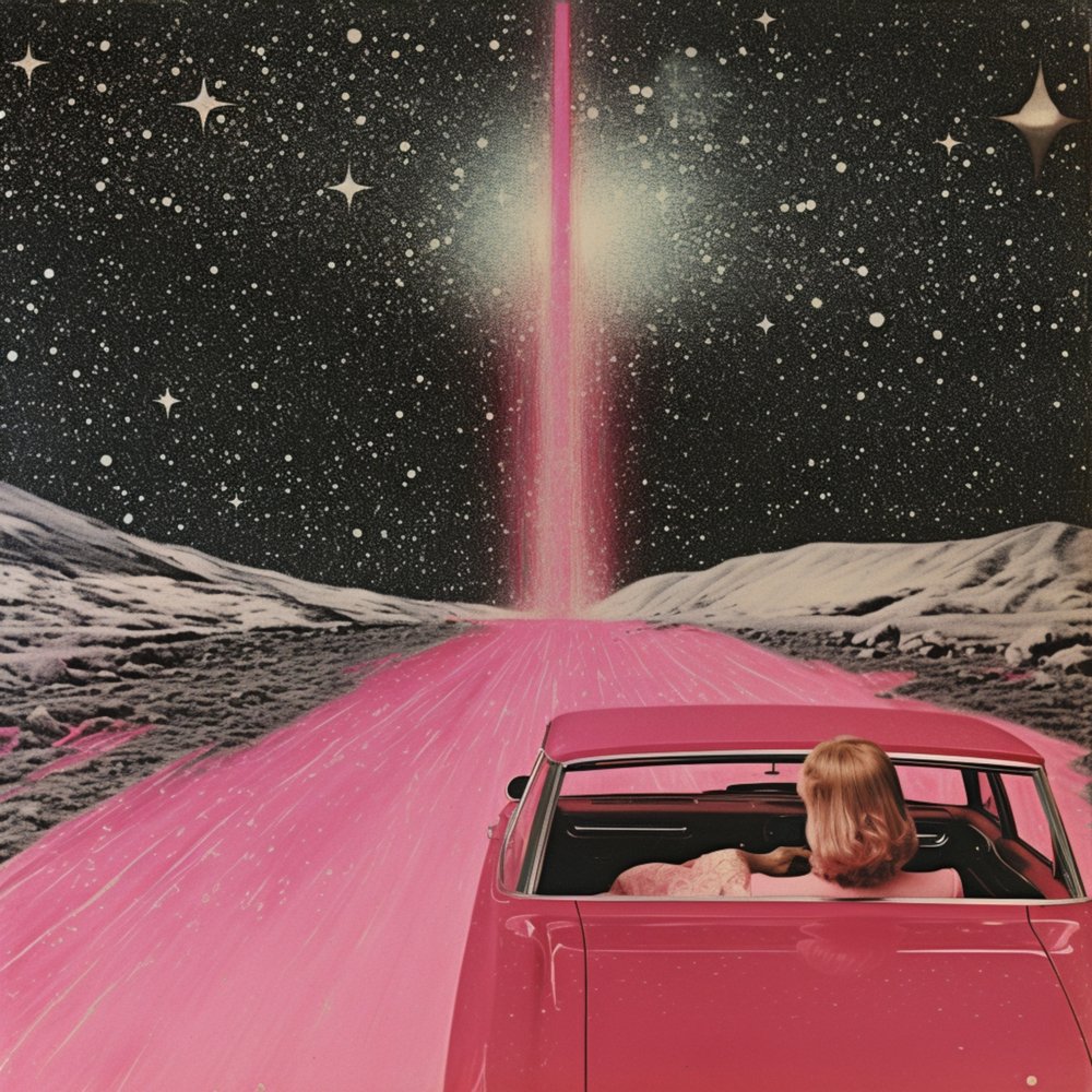 Rosa Auto auf kosmischer Reise von Samantha Hearn