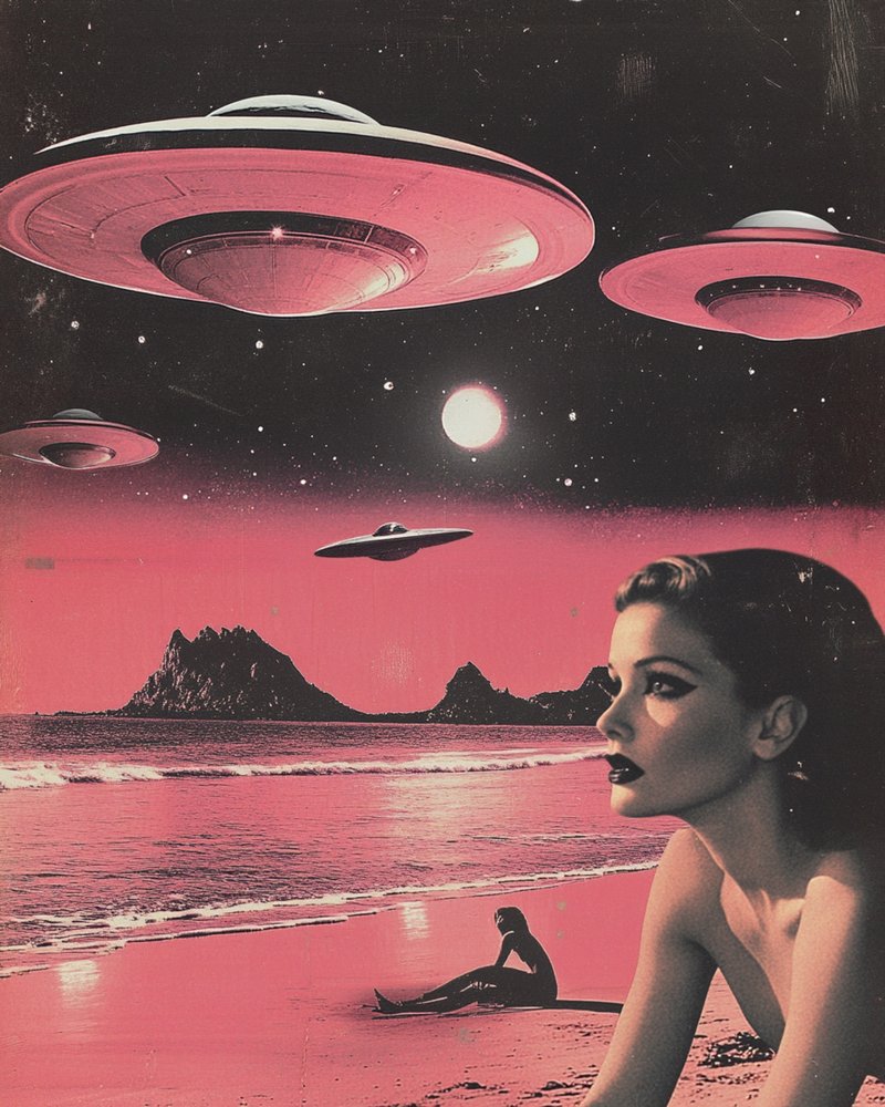 UFOs über rosa Strand von Samantha Hearn