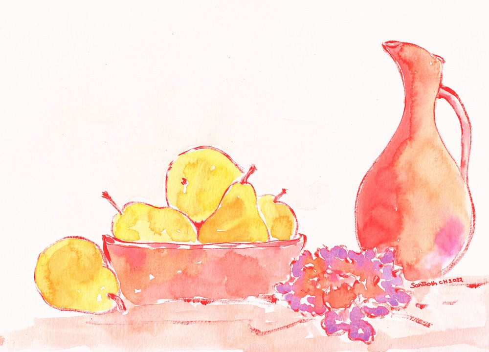 Aquarellbirnen und Krug von Santhosh ch