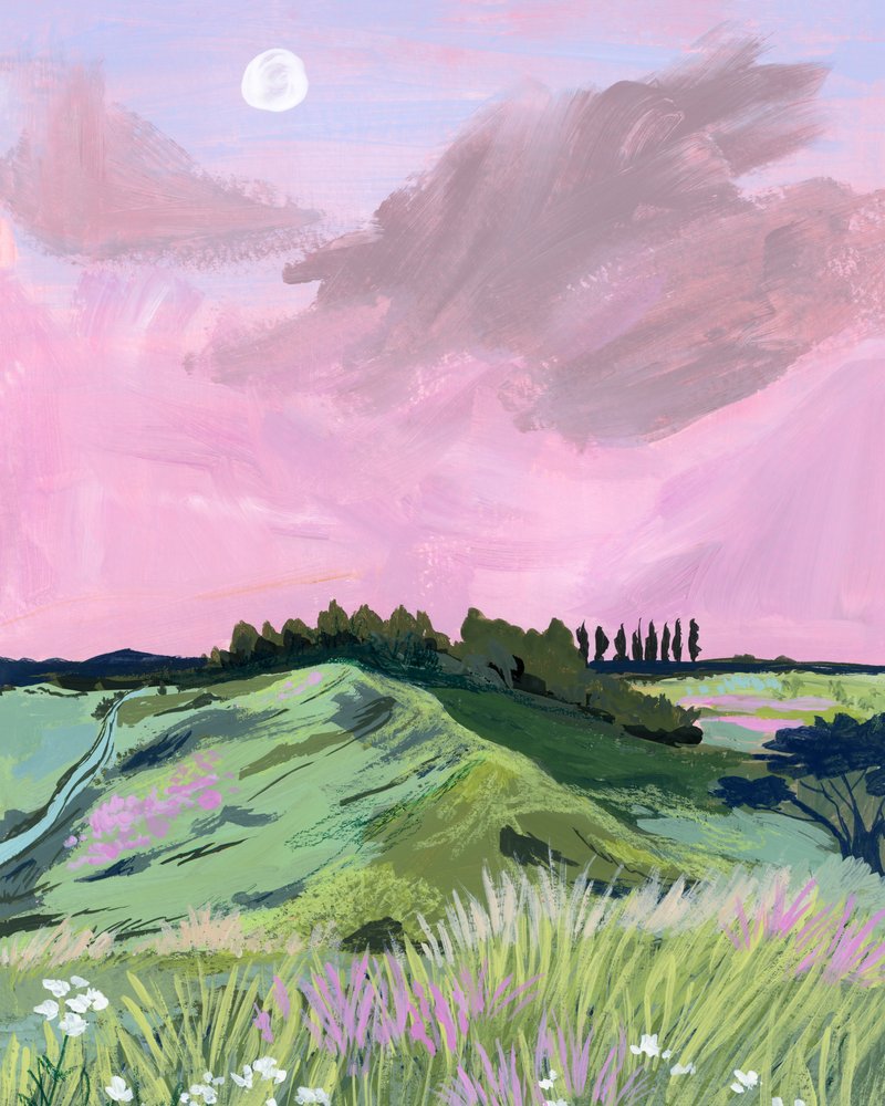 Rosa Himmel über Hügeln von Sarah Gesek
