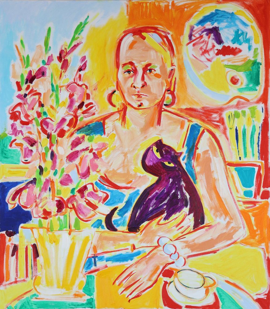 Selbstporträt mit einer violetten Katze nach Max Beckmann von Tamara Jare