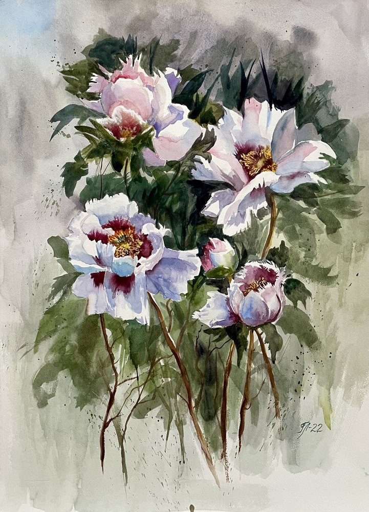 Weiße Aquarell-Pfingstrosen von Tanya Lundmark