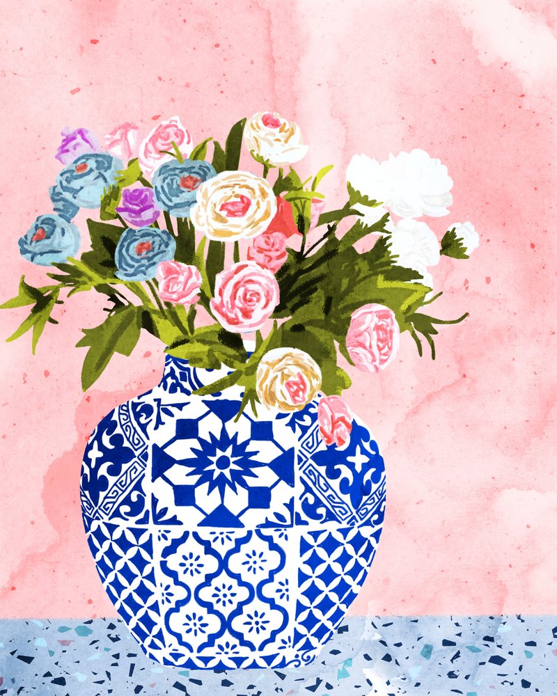 Blaue Vase mit Blüten von Uma Gokhale