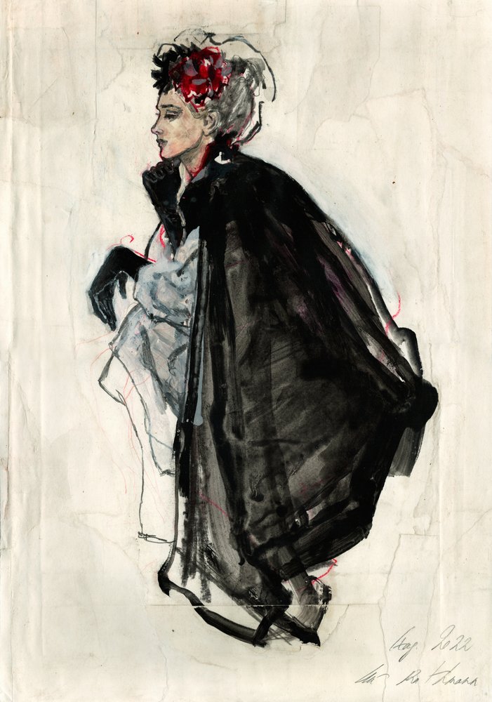 Elegante Frau mit schwarzem Umhang von Ute Rathmann