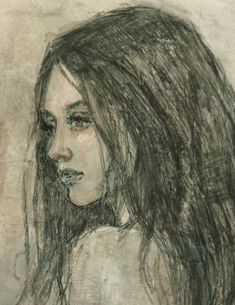 Nachdenkliches Frauenprofil von Ute Rathmann: Kunstdruck