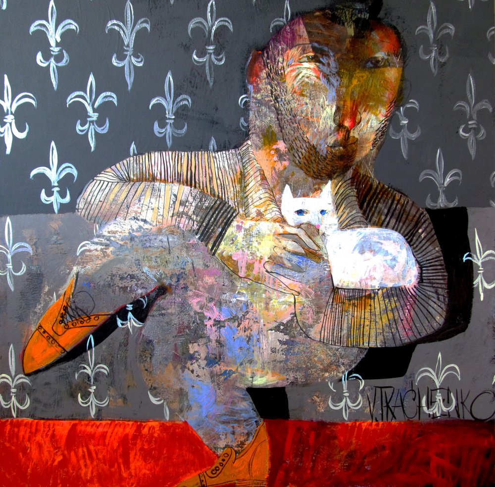 Abstrakter Mann mit Katze von Victor Tkachenko