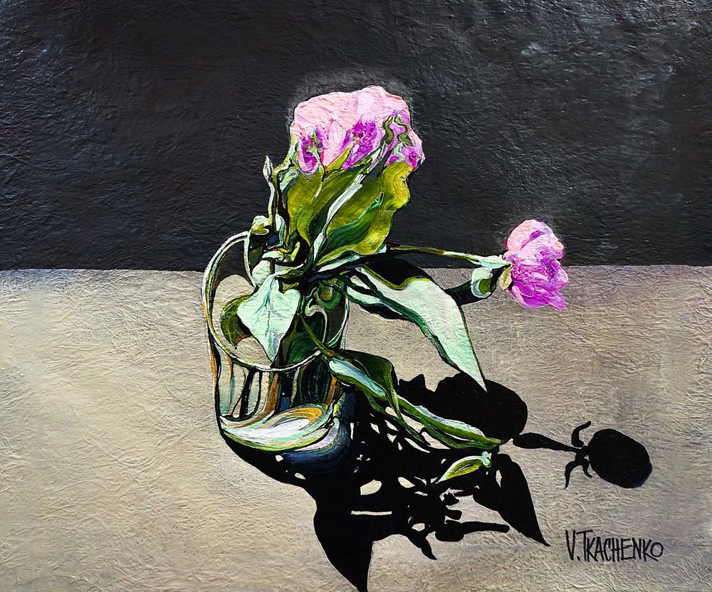 Hängende Pfingstrosen im Glas von Victor Tkachenko