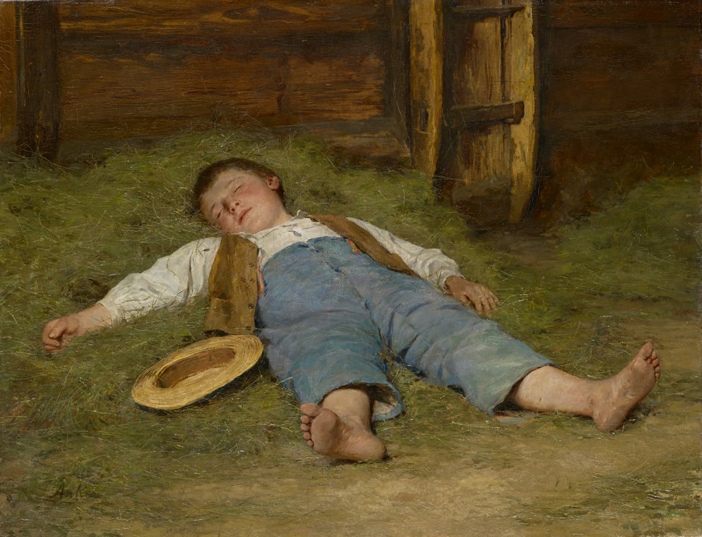 Junge schläft im Heu, 1891-97 von Albert Anker: Kunstdruck
