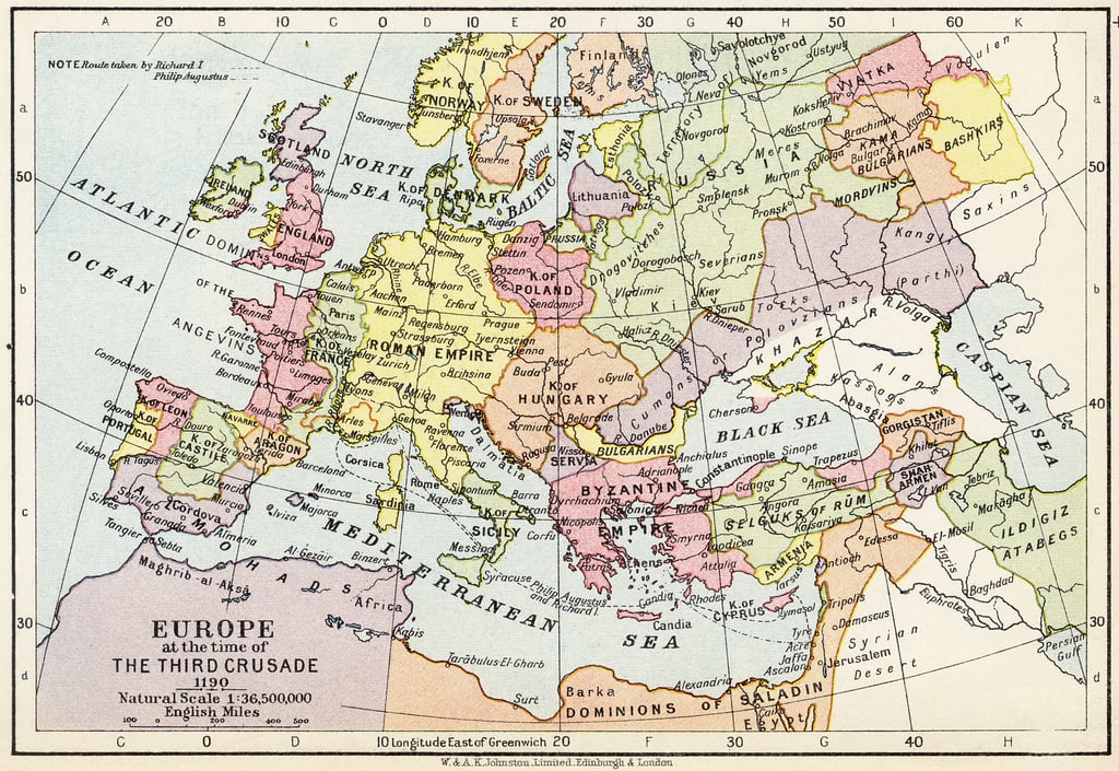 Karte von Europa zur Zeit des Dritten Kreuzzugs, 1190, aus dem