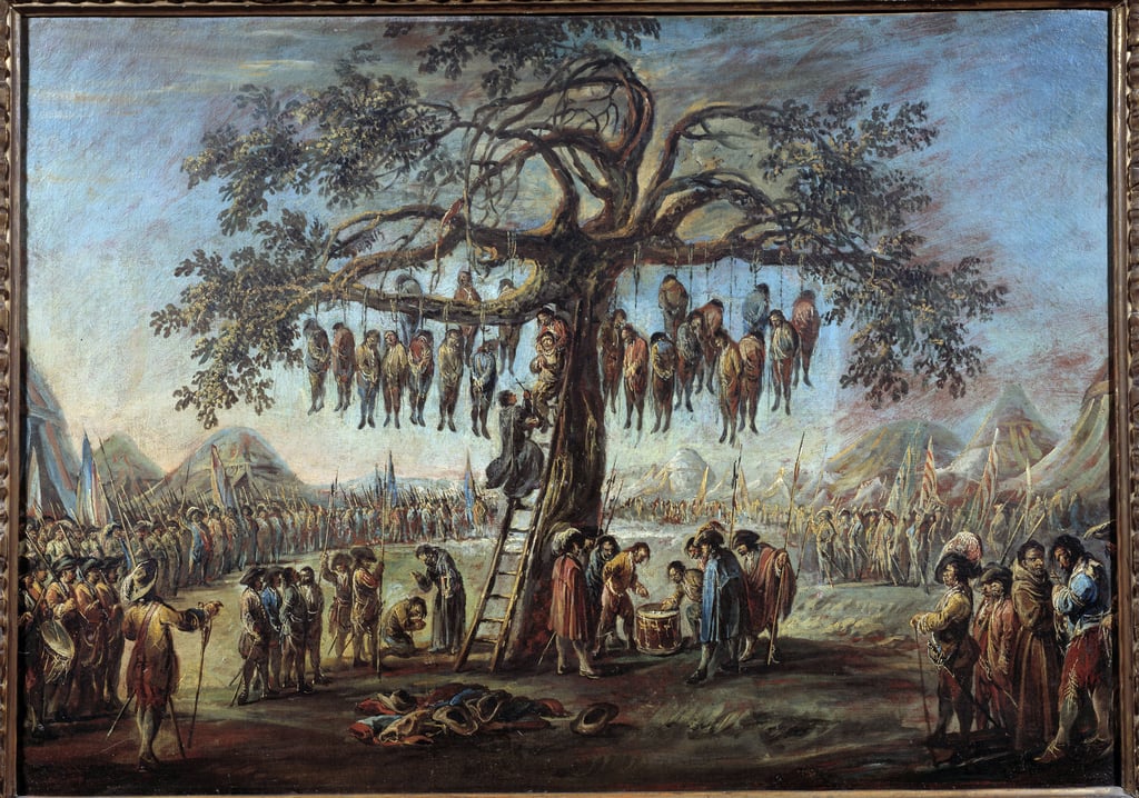 Der gehängte Baum Ein makabres Schauspiel, das Sträflinge darstellt, die an den Ästen eines