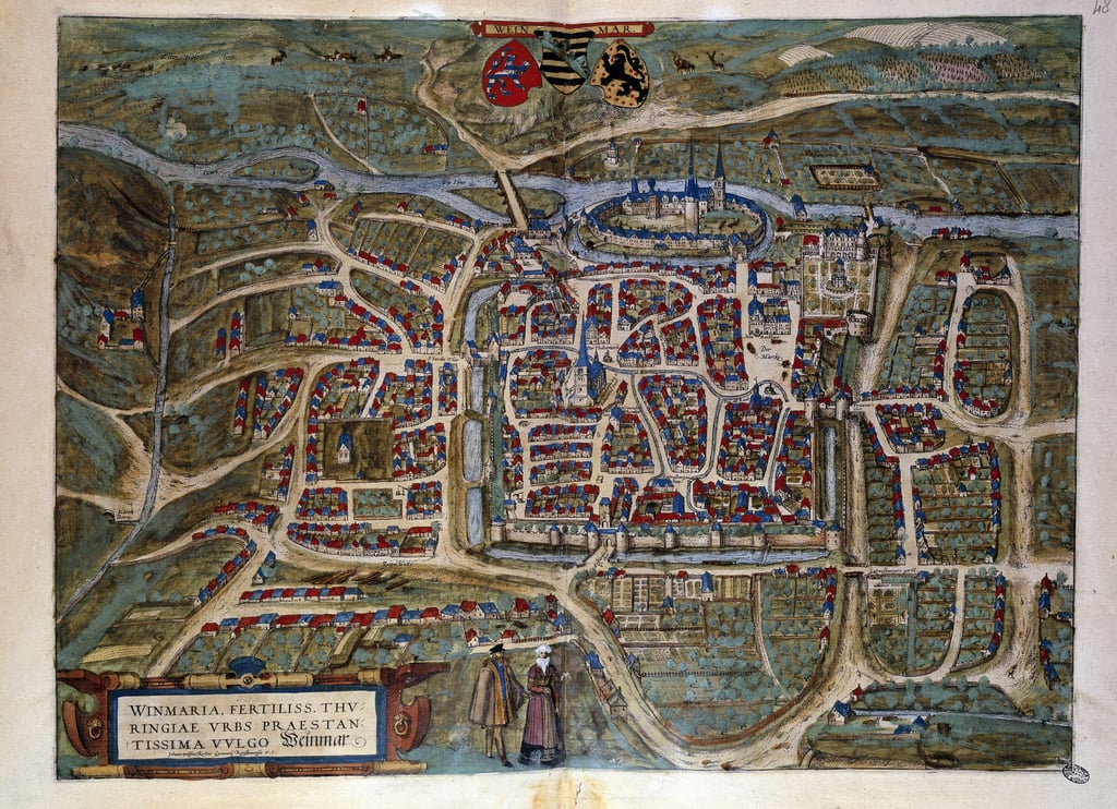 Karte der deutschen Stadt Weimar. Kupferstich aus dem Atlas von "Braun und Hogenberg" 1572
