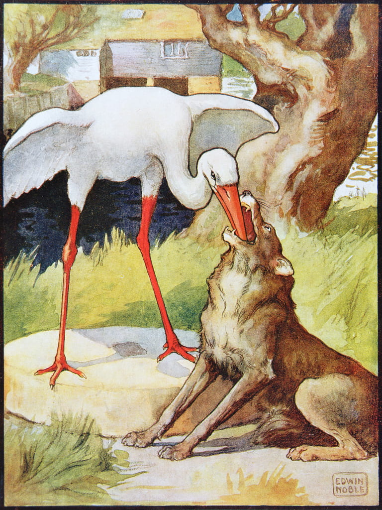 Der Wolf und der Kranich aus "Äsops Fabeln", herausgegeben von Raphael & Sons Ltd. in London