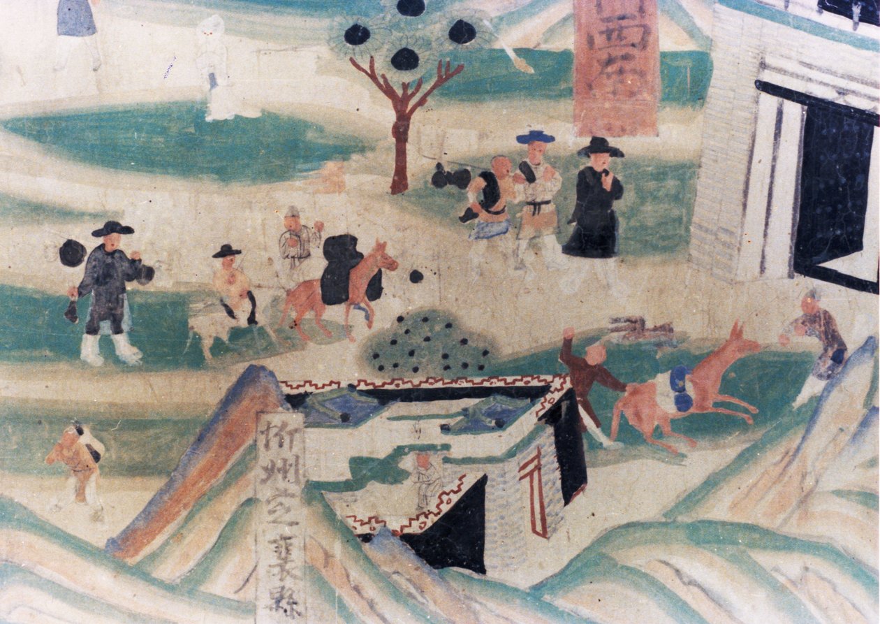 Detail der Wutai-Berg (Wutaishan) Karte, ein Wandgemälde aus der Zeit der Fünf Dynastien (907 - 960) in den Dunhuang-Grotten, Pilger, die zu einem Gasthaus für die Nacht kommen, darstellend (Detail) von Unknown
