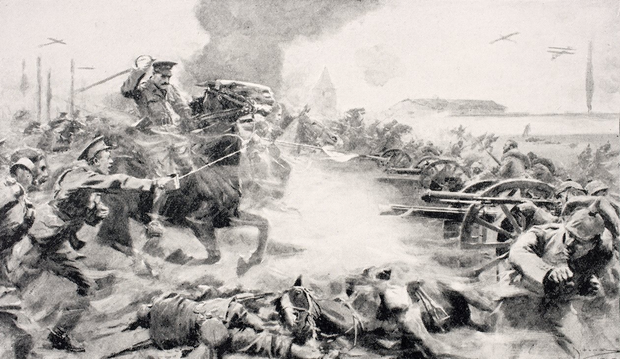 Hauptmann F.O. Grenfell, VC, führt den Angriff der 9. Lanzenreiter an, um erbeutete Kanonen in der Nähe von Doubon zurückzuerobern, 24. August 1914, aus 