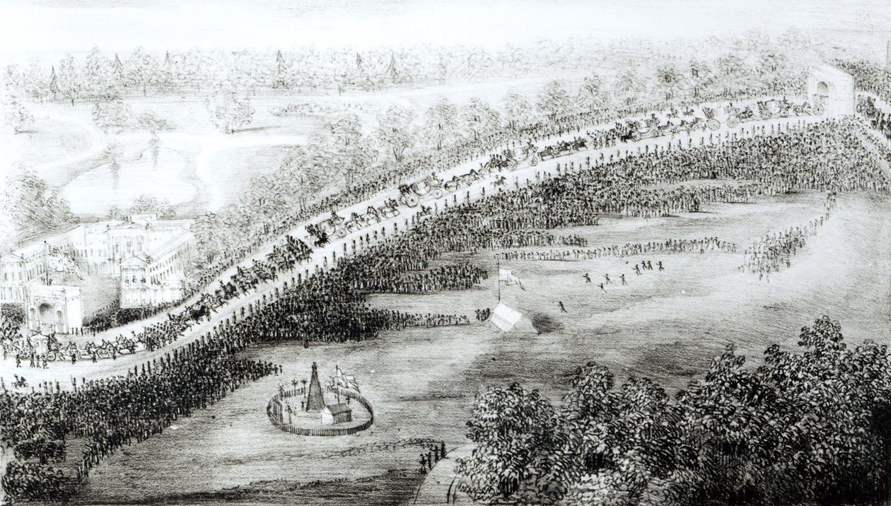 Ihre Majestät und Eskorte verlassen den Palast, aus einer Serie von Vogelperspektiven am Tag der Krönung von Königin Victoria, graviert von W. Clerk, veröffentlicht von G. S. Tregear, 28. Juni 1838 von English School